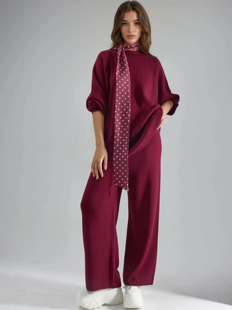 My Fashion Burgundy Red MY FASHION Loose Fit Sweater & Pants Knit Co-ord Set for Women | Best Price UAE